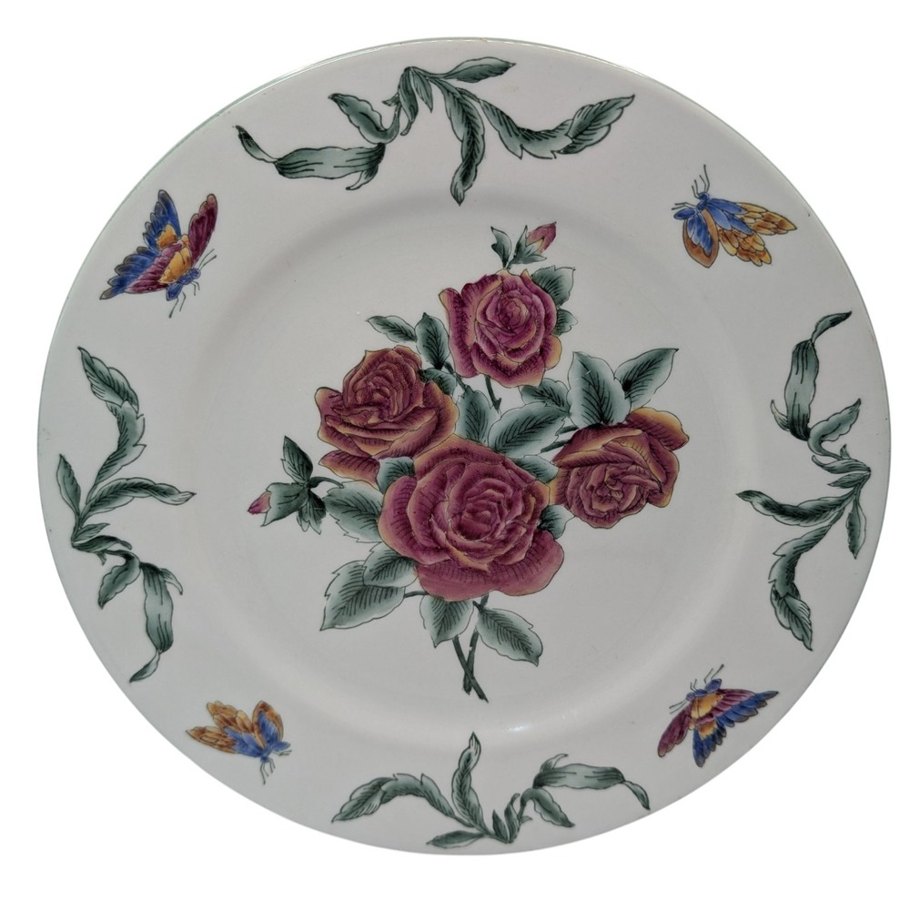 Oriental Accent Decorative Plate Rose Flowers and‎ Butterflies Green Pink Blue